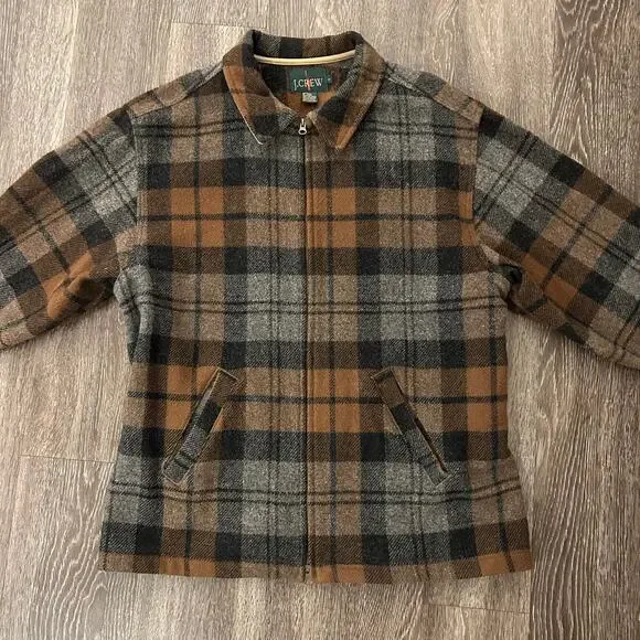 Vintage J.Crew Made in USA Wool Plaid Zip Jacket Brown Gray Check L Workwear EUC - Picture 6 of 16